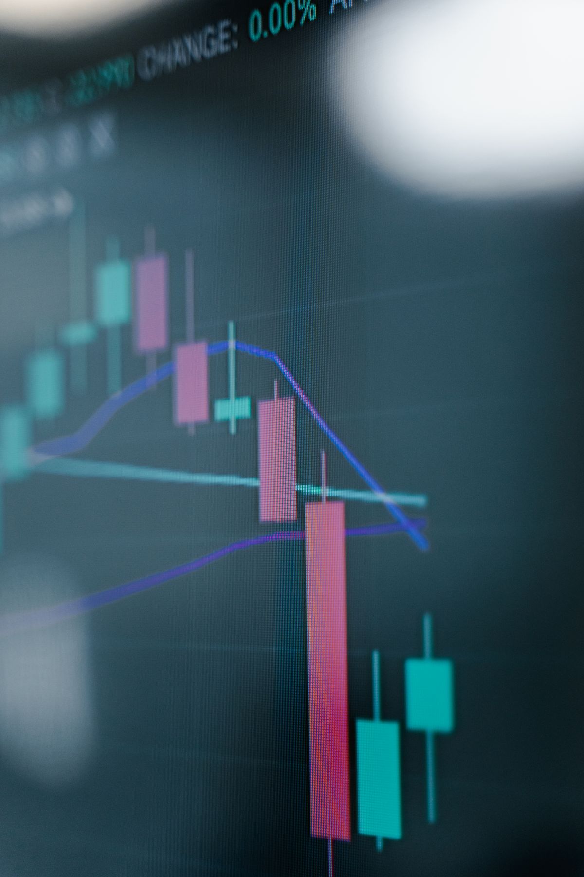 Foto dekat layar berisi grafik candlestick pergerakan harga saham yang naik turun, menggambarkan risiko harga saham yang berubah setiap hari