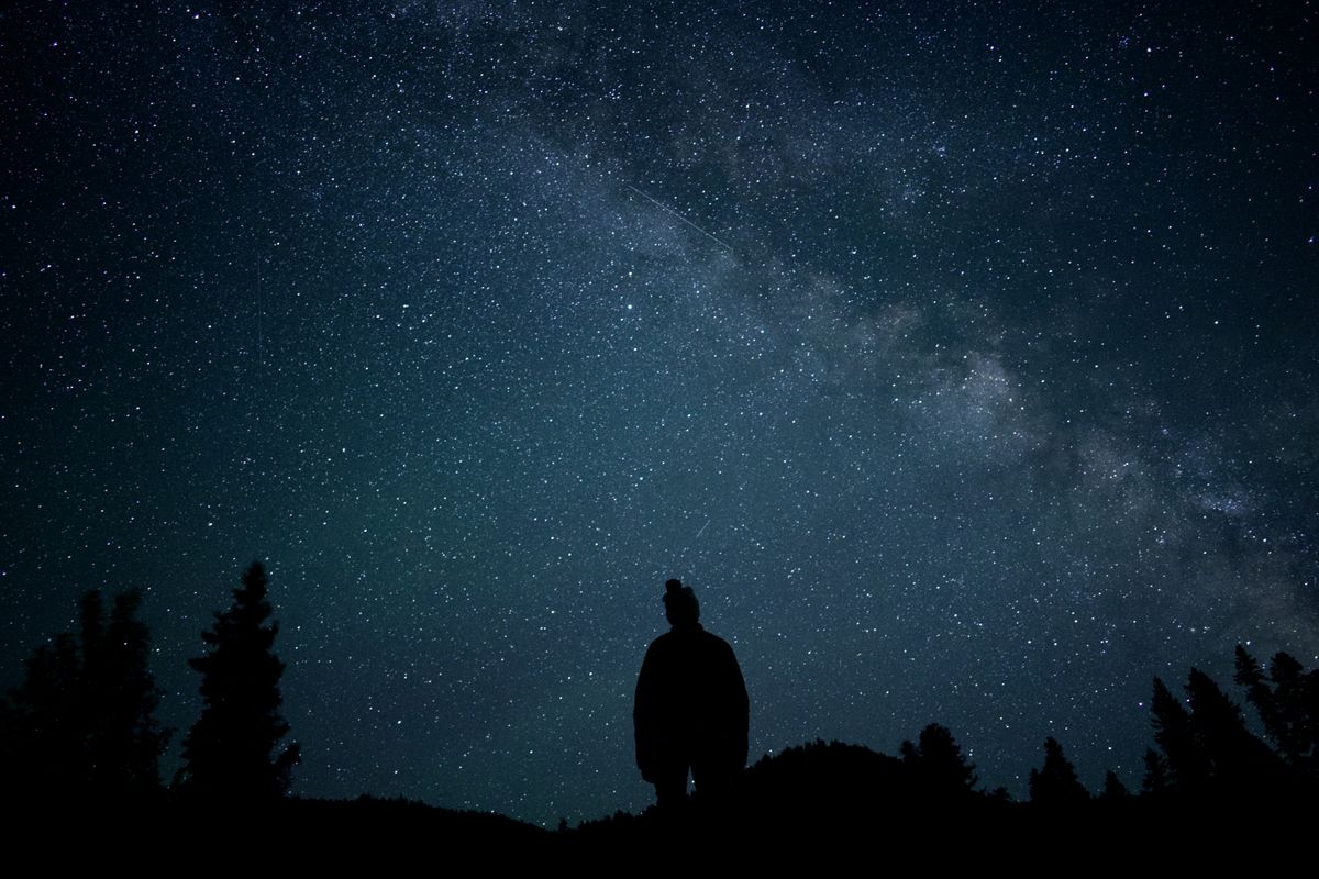 Siluet seseorang yang berdiri menatap langit malam penuh bintang dengan Bima Sakti dan pepohonan pinus di cakrawala, menggambarkan cara mengamati bulan purnama dari tempat gelap
